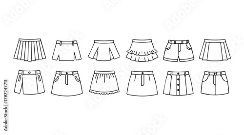 Collection of diverse skirt styles in a simple black and white line art silhouette