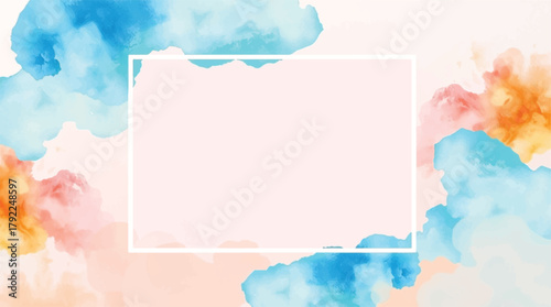 Soft watercolor clouds in pastel shades of blue, pink, and orange frame a blank central space, ideal for creative design projects and artistic backgrounds