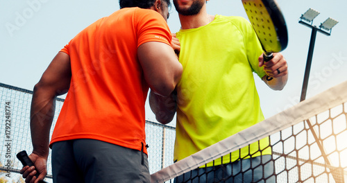 фотографія Men, athletes and handshake for padel, court and respect for opponent, sportsmanship or competition