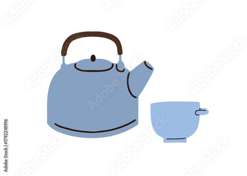 Tea kettle and cup. Hot drink in mug, teapot, retro-style metal teakettle. Warm morning beverage for breakfast time, break. Kitchen utensil. Flat vector illustration isolated on white background