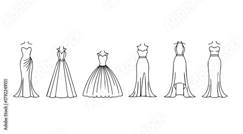 Collection of elegant formal evening gowns in a minimalist black and white silhouette style