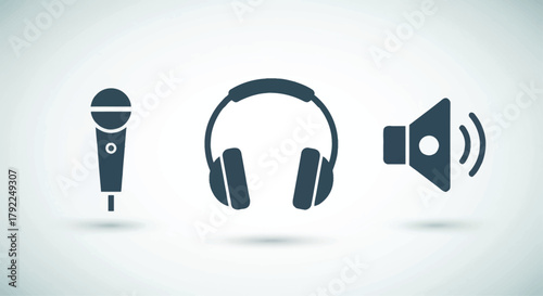 Iconic Soundscape: A set of minimalistic icons representing the essential elements of audio: a microphone, a pair of headphones, and a speaker.
