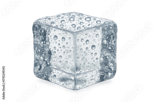 Ice cube showing transparent texture, frozen water drops, cold frost, refreshing element, cooling drink ingredient idea