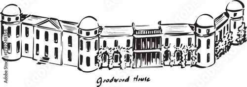 Fine ink line drawing of Goodwood House in Chichester, West Sussex — detailed architectural sketch of the grand country estate with towers and façade in elegant black and white pen art