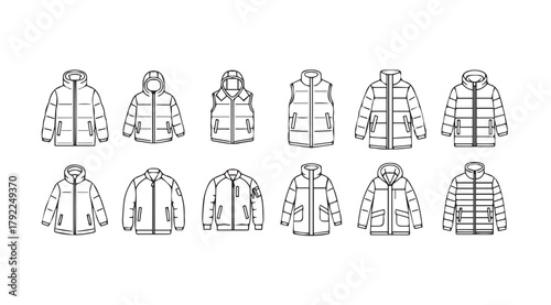 Collection of winter puffer jackets and coats in a distinctive silhouette style