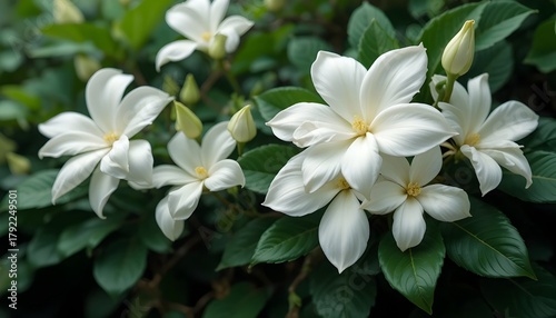 Abstract White Cape Jasmines with Green Leaves Gardenia Jasminoides Floral Background