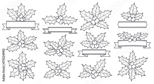 A collection of twelve holly berry and leaf designs with banners for text, in black and white line art.