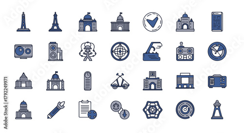 Collection of tourism vector icons featuring landmark architecture, city symbol, culture item, travel and tourism industry icons, editable illustration