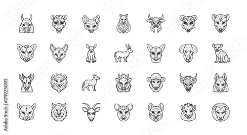 Collection of animals heads in line style illustration isolated on white background. Vector linear wild mammal silhouettes set, minimalistic animalistic logos template design