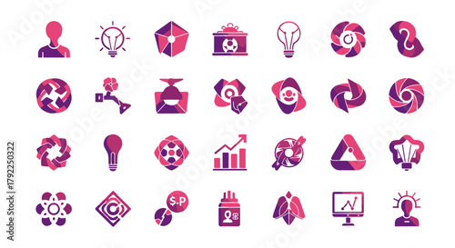Collection of creative business vector illustrations, purple gradient icon designs for marketing and brand identity, modern symbol set, innovation and strategy