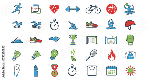 Set of sport equipment icons vector illustration, fitness and exercise signs, healthy lifestyle concept, running,swimming,bicycle,boxing,tennis,soccer,basketball,yoga symbols