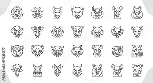 Collection of animal heads illustration in a modern line style. Lion, cow, dog, bear, bull, deer, rabbit, tiger, lynx, wolf and others, isolated on white background