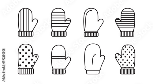 Collection of eight winter mittens in a clean silhouette style with various patterns