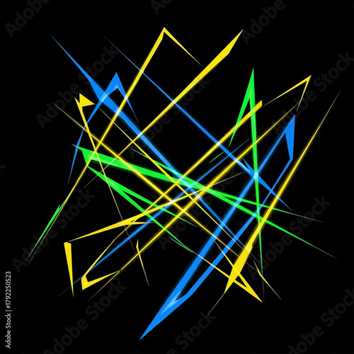 An abstract digital artwork featuring a chaotic tangle of glowing yellow, blue, and green neon lines on a black background.