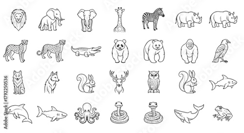 Diverse Animal Kingdom Illustration: Lion, Elephant, Giraffe, Zebra, Rhino, Cheetah, Crocodile and More. Black and White vector style.