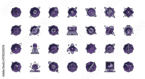 Explore the universe with this collection of purple vector icons featuring planets, rockets, and space exploration themes
