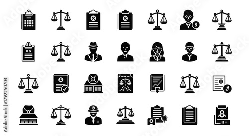 Clean, solid black glyph icons for law, justice, and legal services, perfect for web, print, and application design