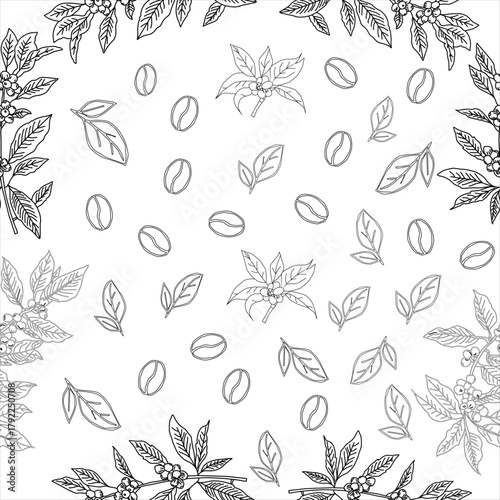 Seamless floral pattern. Branch with leaves. vector illustration of coffee branch. Coffee plant branch with leaf. Hand drawn Coffee tree vector. Coffee beans and leaves. Branch of a plant