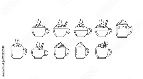 Collection of hand drawn hot chocolate and coffee drinks silhouette