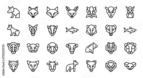 Set of Line Art Animal Head Vector Icons: Minimalist Style Animal Illustrations for Modern Graphic Design and Logo Creation