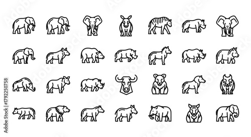 African Animal Icons Set: Vector Line Art Illustration of Elephants, Rhinos, Zebras, and More for Wildlife and Conservation Projects