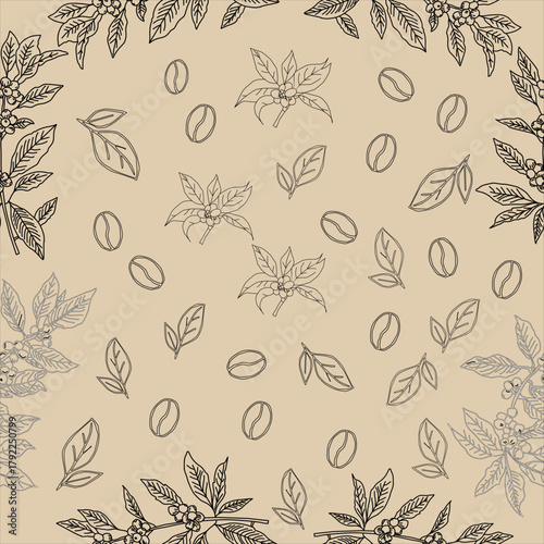 Seamless floral pattern. Branch with leaves. vector illustration of coffee branch. Coffee plant branch with leaf. Hand drawn Coffee tree vector. Coffee beans and leaves. Branch of a plant