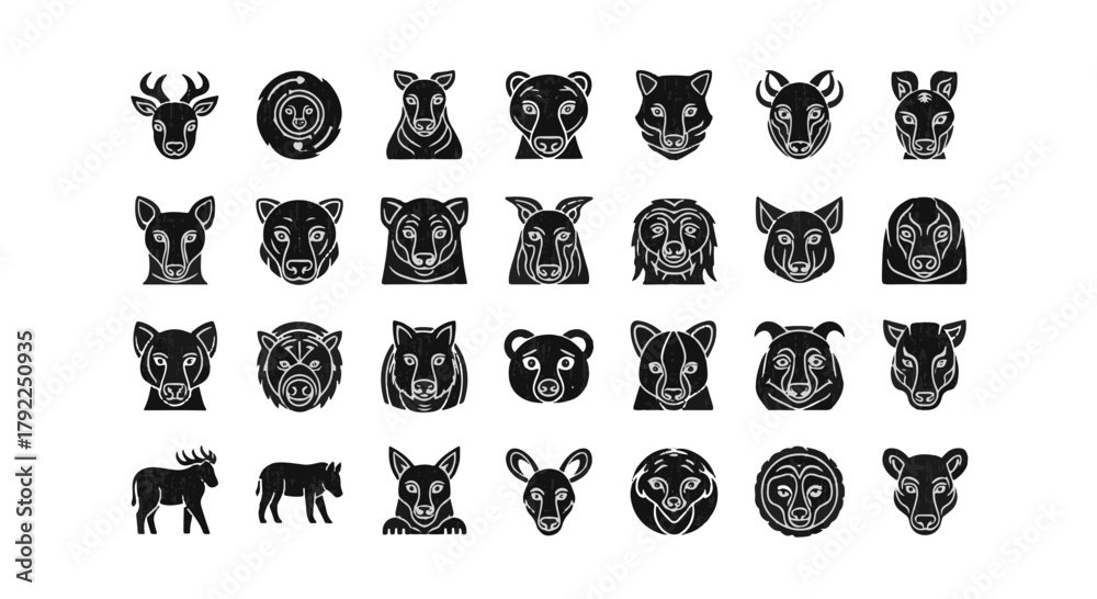 Obraz premium Collection of Animal Faces: Illustration Set of Wildlife Icons in Vector Style, Featuring Bear, Wolf, Deer, and Exotic Species