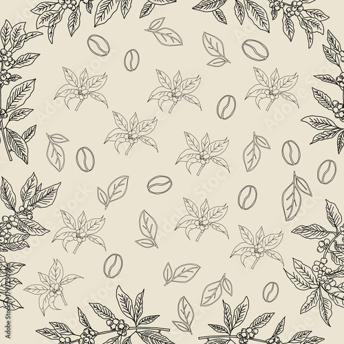 Seamless floral pattern. Branch with leaves. vector illustration of coffee branch. Coffee plant branch with leaf. Hand drawn Coffee tree vector. Coffee beans and leaves. Branch of a plant