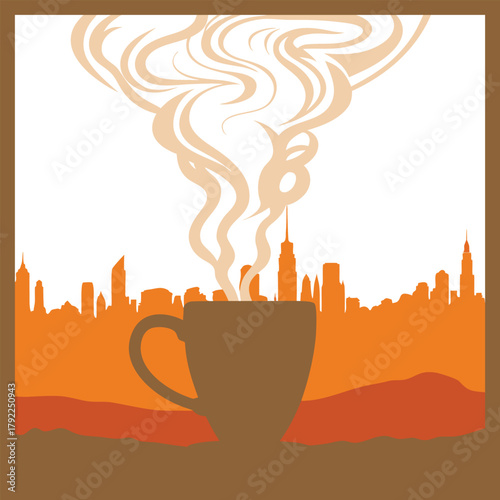 A steaming cup of coffee with a city skyline in the background, evoking a sense of urban comfort and warmth, perfect for a morning pickmeup or a cozy break