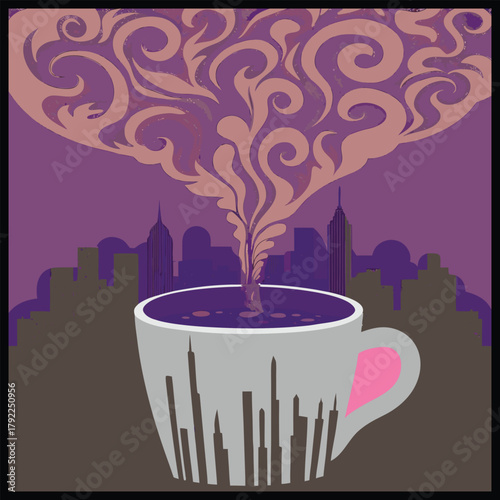 A steaming cup of coffee against a city skyline, creating a surreal and dreamy atmosphere, perfect for conveying relaxation and escape from the everyday hustle