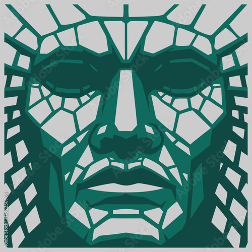 Abstract green face with geometric patterns, creating a modern and artistic design that evokes a sense of mystery and intrigue, with a unique style