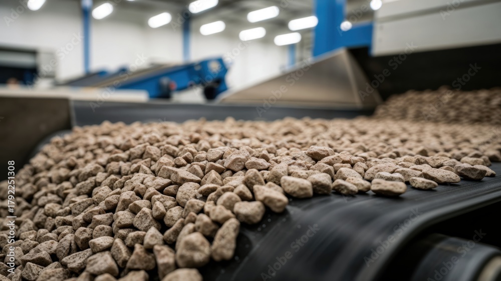 Fototapeta premium Close up of gravel aggregate on a conveyor belt in a factory.