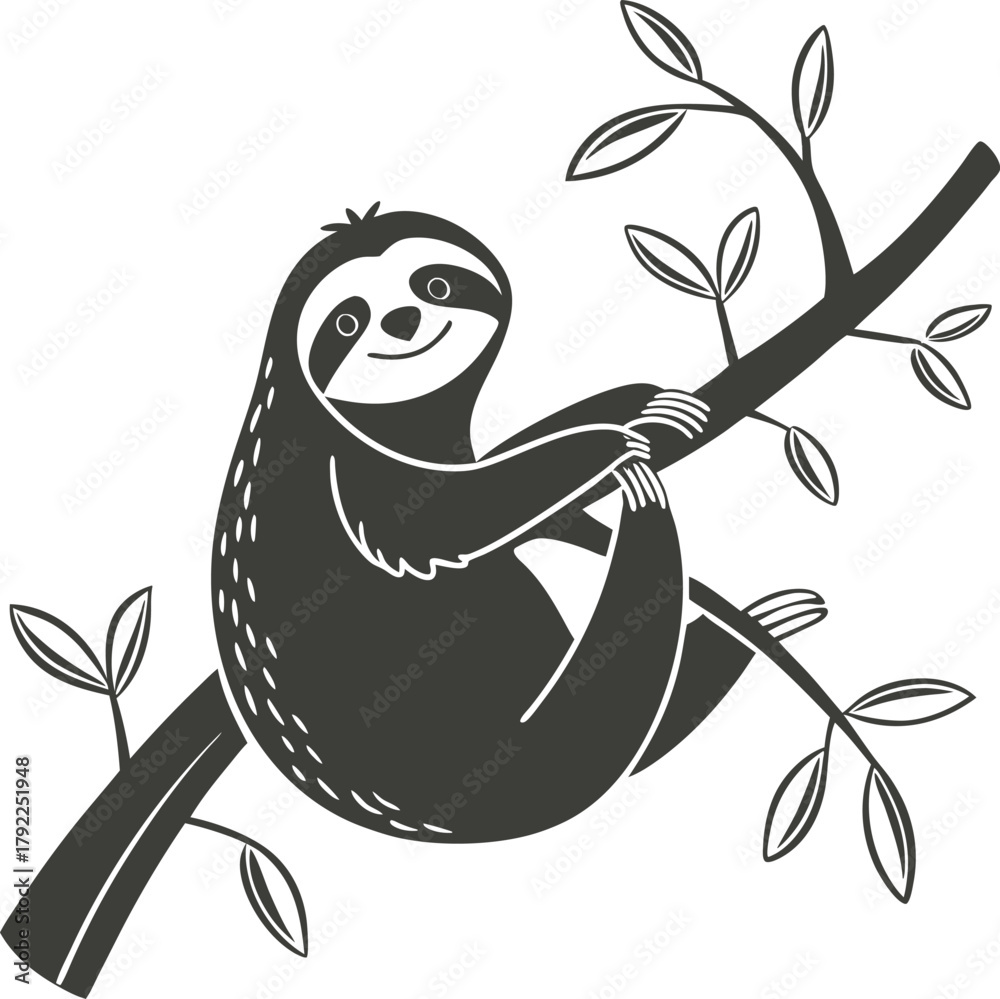 Naklejka premium Cute hand drawn sloth hanging on a tree branch with leaves