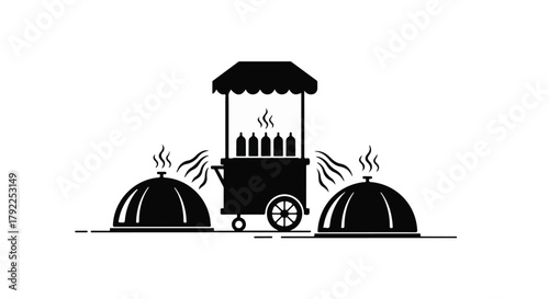 Whimsical food cart with steaming dishes, perfect for street food or catering concepts