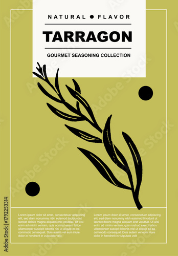 Tarragon. Set of posters of spices and herbs in a abstract draw design. Label or poster for food preparing and culinary. Simple, flat design. For poster, cover, banner.	