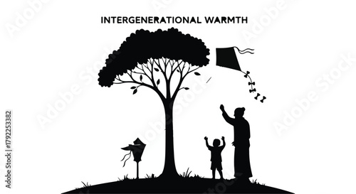 Joyful family enjoys a sunny day flying a kite under a large tree.