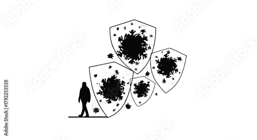 Lone figure stands before a cluster of protective shields, symbolizing defense against unseen threats.