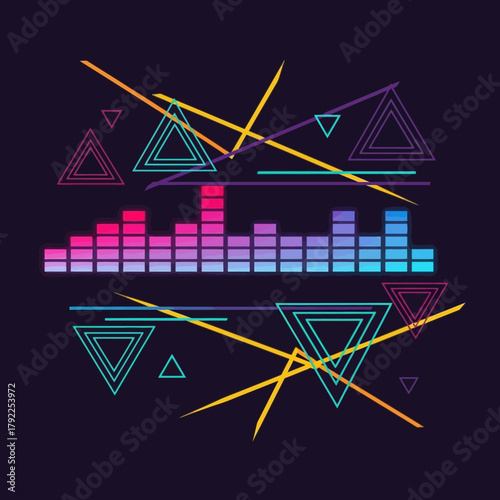 Abstract retro wave music equalizer with geometric shapes and neon lines on a dark background.