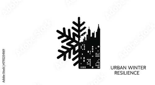 Stylized snowflake merges with a dark cityscape, representing urban winter resilience