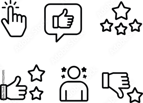User interaction feedback icons, thumbs up and down, rating stars, satisfaction review, hand gesture, outline symbols, customer experience vector, minimalist style