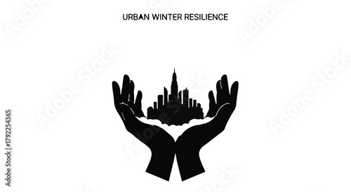 Caring hands cradle a silhouette of a city skyline, symbolizing urban resilience and protection.