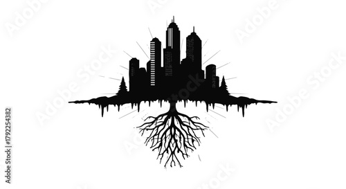 City skyline silhouette with strong roots growing downwards, symbolizing urban foundation and growth.
