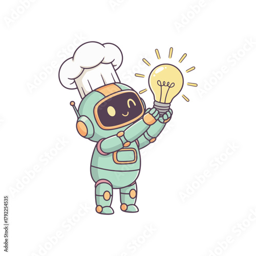 Cartoon Robot Chef Holding a Glowing Light Bulb Idea.