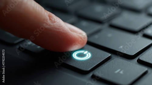 Finger pressing the power button on a laptop keyboard, close-up shot