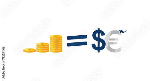 Currency exchange rate symbol and coins illustration.