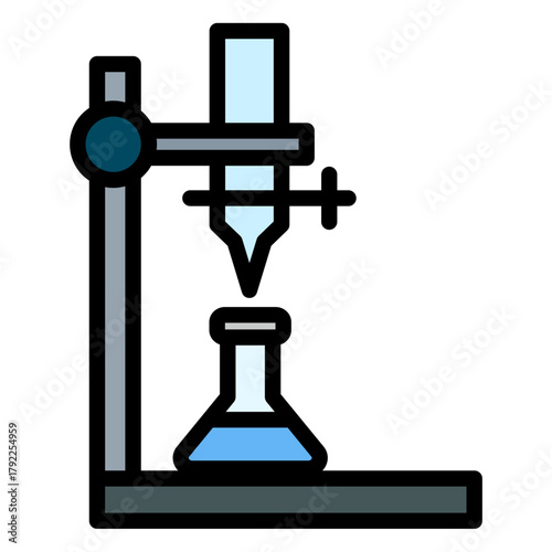 Precise scientific titration experiment with clear liquid in laboratory flask and burette, symbolizing research and discovery