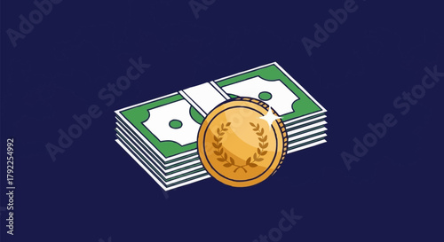 Stack of US dollar bills with a golden coin on top.