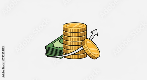 Financial growth concept with coins and money stack.
