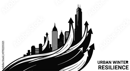 City skyline with arrows symbolizing urban growth and resilience against challenges.