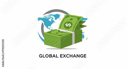 Stack of US Dollar Bills with World Map Background.